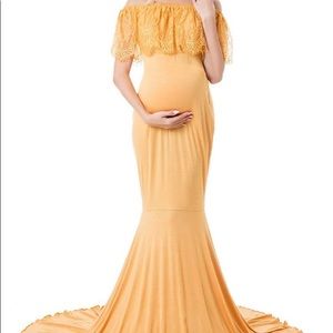 SmallMed Maternity Long Dress Women Lace Ruffle Stretchy Off Shoulder Maxi Dress